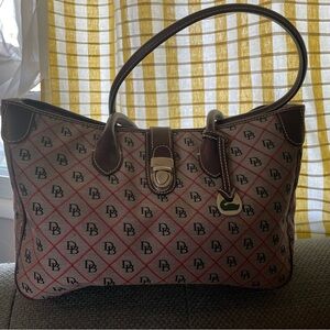 Dooney & Bourke Brown Canvas Logo Tote with Red Diamond Pattern Vintage